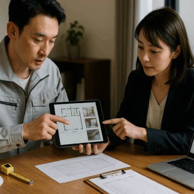 リフォーム業社の担当者がお客様に、生成AIを用いて工事の事前打ち合わせをしている。