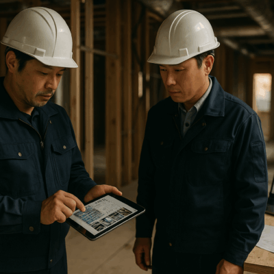建設現場で、二人の作業員が生成AIを使って工事の確認をしている