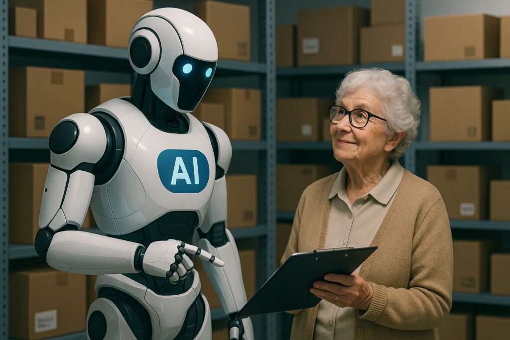 金属ラックと段ボールに囲まれた倉庫で、白と青のAIロボットが年配の女性の持つクリップボードを指し示し、作業内容を確認している様子