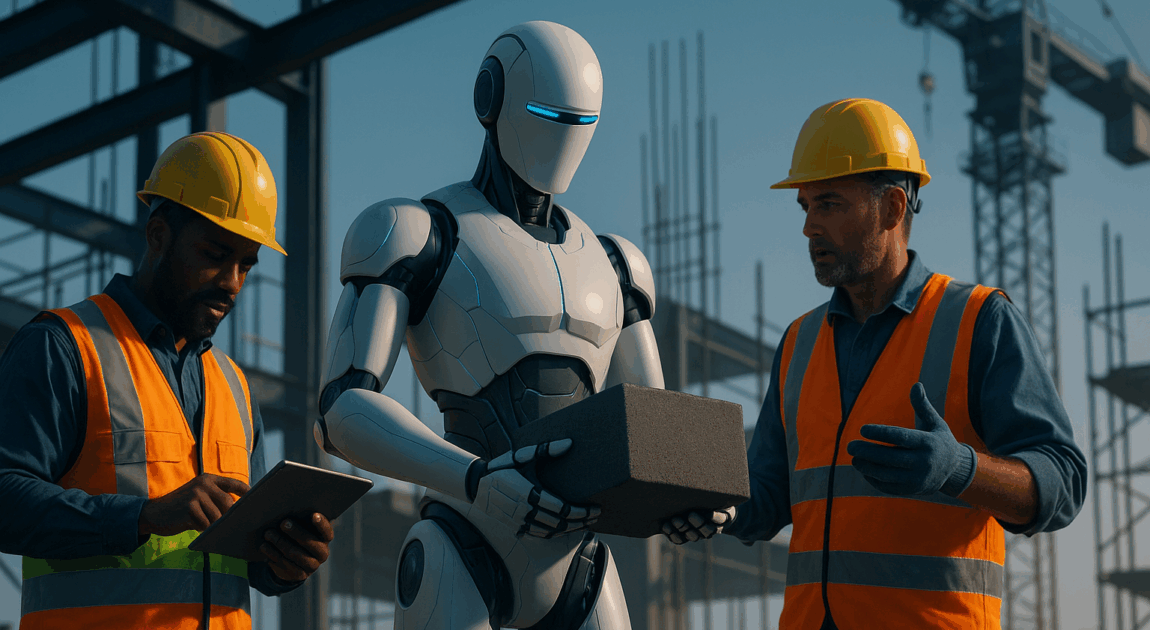 建設現場でヘルメットと安全ベストを着た作業員がAIロボットと並び、資材を搬送しながら協働している様子。背後にクレーンや鉄骨フレームが見え、人と機械が安全に連携する近未来の現場を表現。