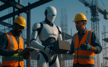 建設現場でヘルメットと安全ベストを着た作業員がAIロボットと並び、資材を搬送しながら協働している様子。背後にクレーンや鉄骨フレームが見え、人と機械が安全に連携する近未来の現場を表現。
