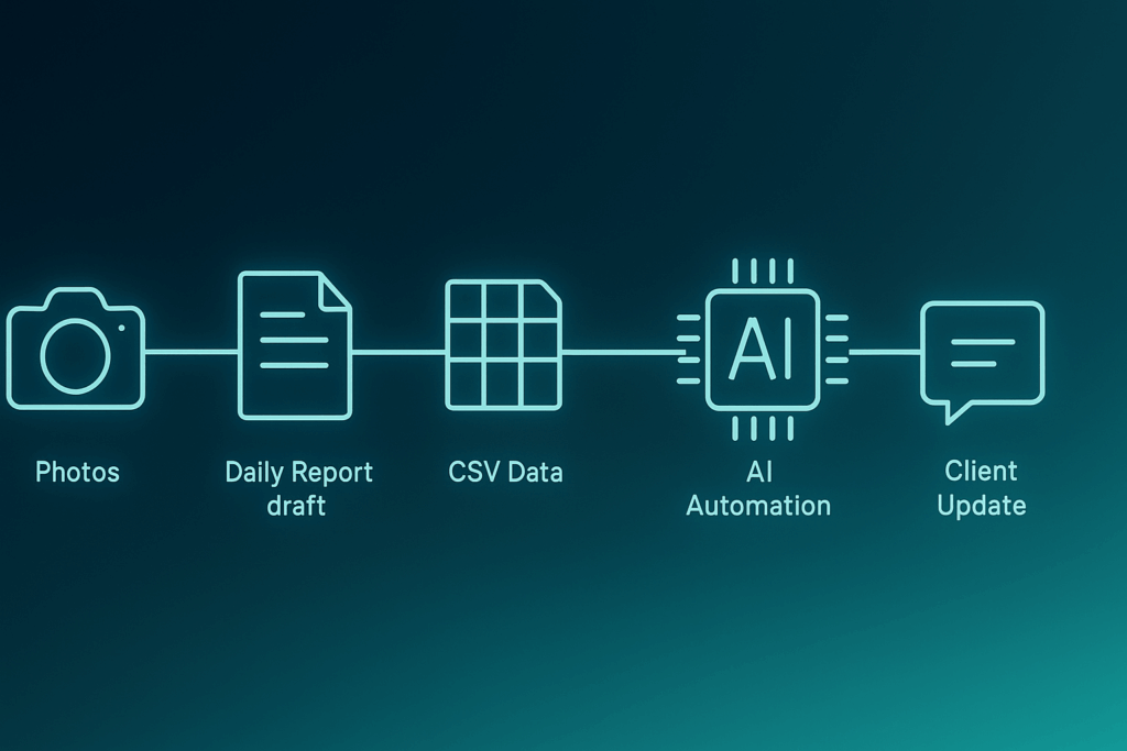 Photos→Daily Report draft→CSV Data→AI Automation→Client Updateの順に発光アイコンが線で接続された図。写真やCSVがAIで処理され、顧客向け更新へ変換される流れを示す。