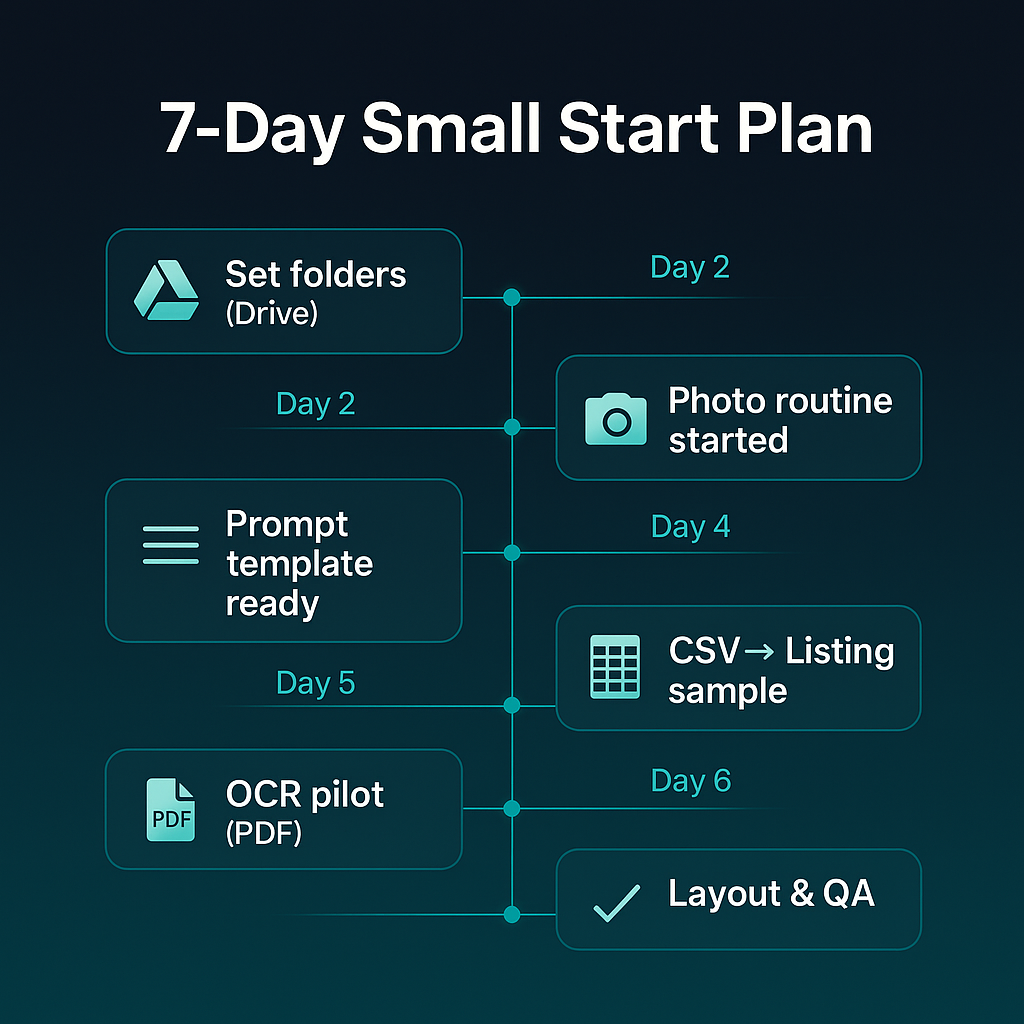 中央の縦タイムラインに左右交互のカードが並び、Day1〜Day7の英語ラベル「Set folders (Drive)」「Photo routine started」「Prompt template ready」「CSV→Listing sample」「OCR pilot (PDF)」「Layout & QA」を示す図。