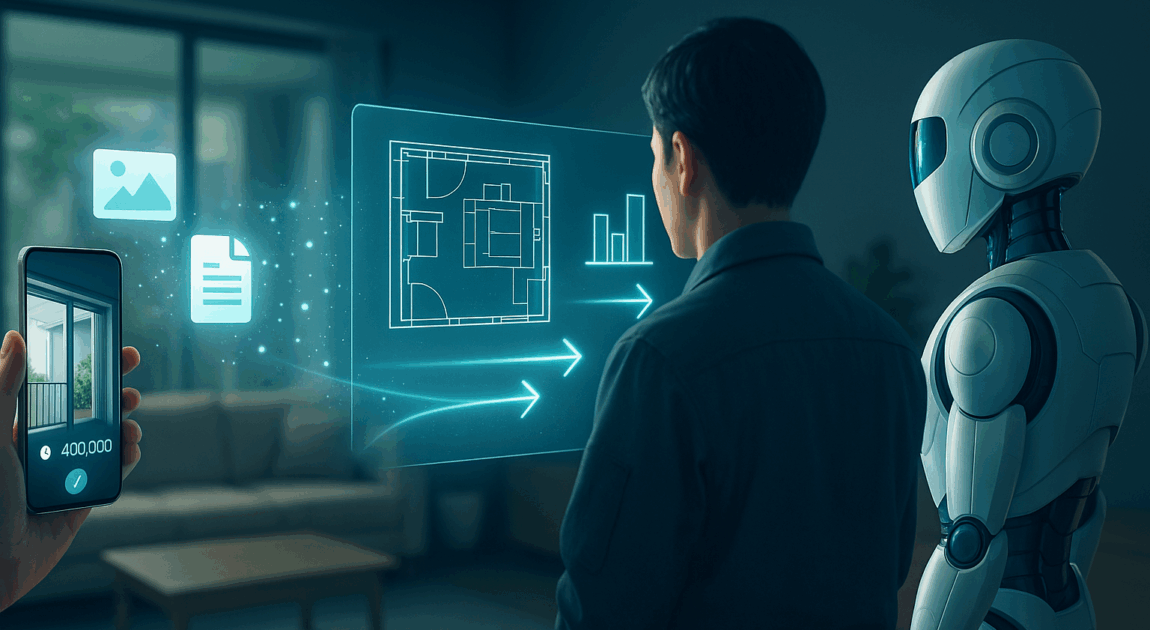 リフォームの見積りをAIで可視化するシーン。現場監督とAIロボットがARの間取り図とワークフローを確認し、手前のスマホに概算金額が表示