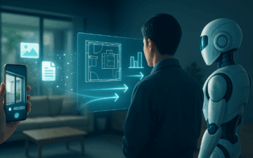 リフォームの見積りをAIで可視化するシーン。現場監督とAIロボットがARの間取り図とワークフローを確認し、手前のスマホに概算金額が表示