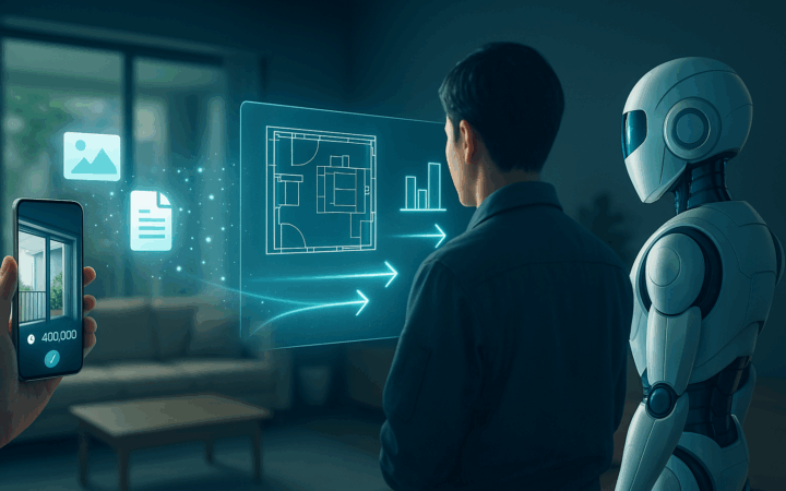 リフォームの見積りをAIで可視化するシーン。現場監督とAIロボットがARの間取り図とワークフローを確認し、手前のスマホに概算金額が表示