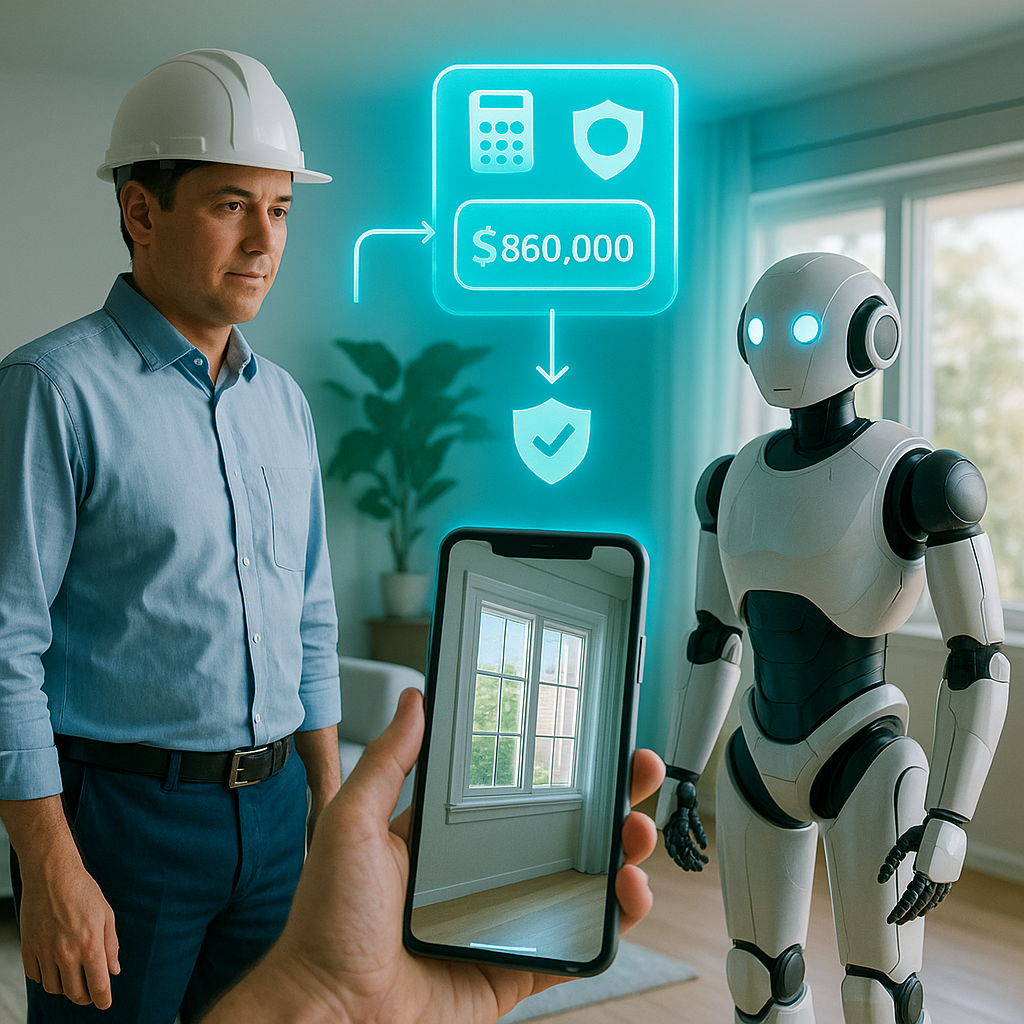 スマホで撮影した窓の写真を基に、現場監督とAIロボットがARのアイコン表示で概算と補助金の目安を確認している様子