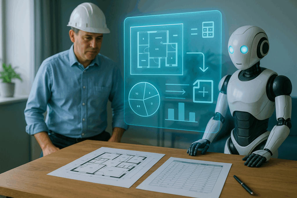 作業机の上の平面図と仕上げ表に重ねてホログラムのダッシュボードが表示され、現場担当者とAIロボットが部屋別面積や出力アイコンを確認している