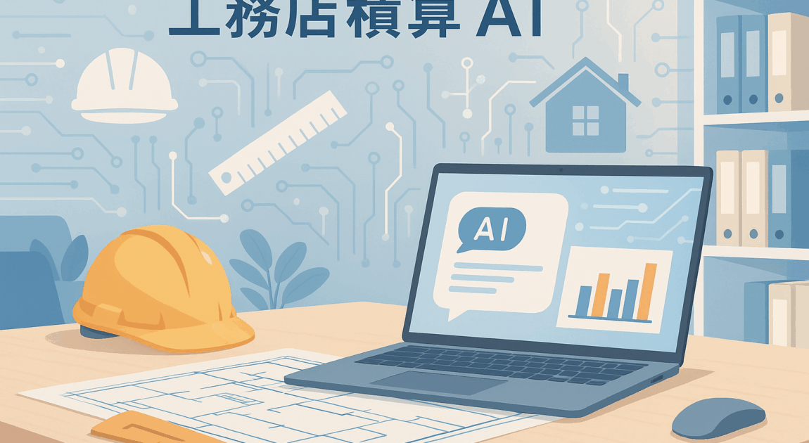 工務店の積算担当者が建築図面とノートパソコンのAIツールを使って見積もりを行い、工務店の積算業務をAIで効率化している様子を描いたイラスト