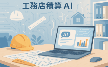 工務店の積算担当者が建築図面とノートパソコンのAIツールを使って見積もりを行い、工務店の積算業務をAIで効率化している様子を描いたイラスト