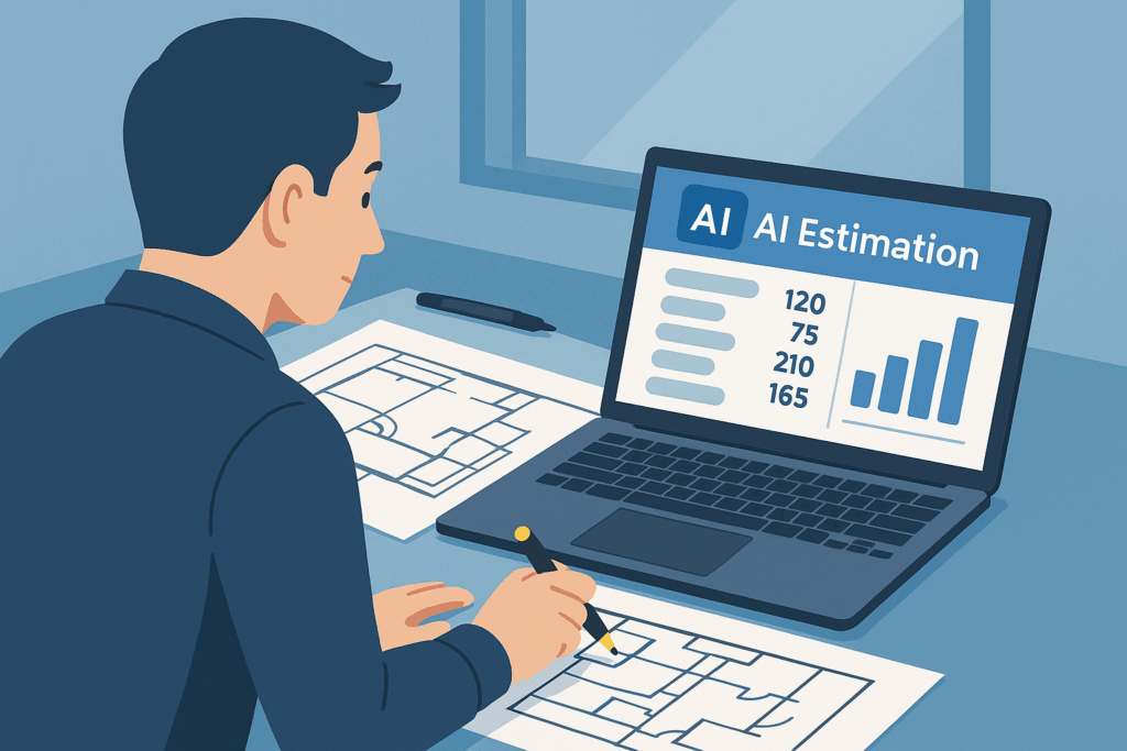 工務店の積算担当者がオフィスで建築図面とグラフが表示されたパソコン画面を見ながら、AI積算ツールを使って見積もりをしている様子を描いたイラスト