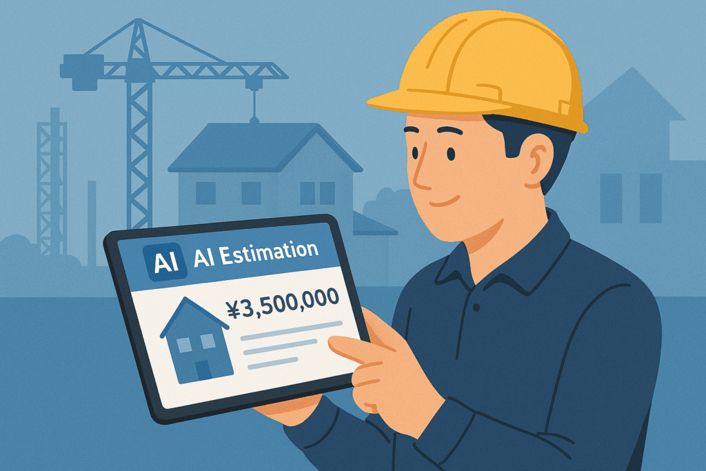 工務店の現場監督が建築現場でタブレットに表示されたAI積算結果を確認しながら、職人と打ち合わせをしている様子を描いたイラスト