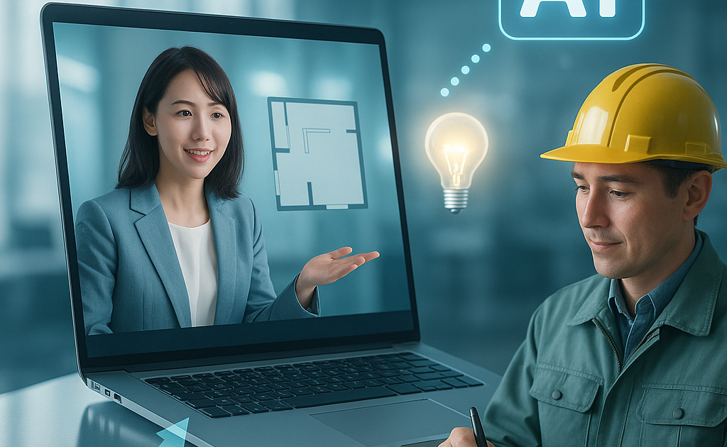 ノートパソコンの画面越しに女性がリフォームの間取りを説明し、作業着姿の男性がタブレットで提案内容を確認している。AIによる効率的な提案プロセスを示す近未来的なシーン
