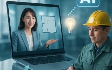 ノートパソコンの画面越しに女性がリフォームの間取りを説明し、作業着姿の男性がタブレットで提案内容を確認している。AIによる効率的な提案プロセスを示す近未来的なシーン