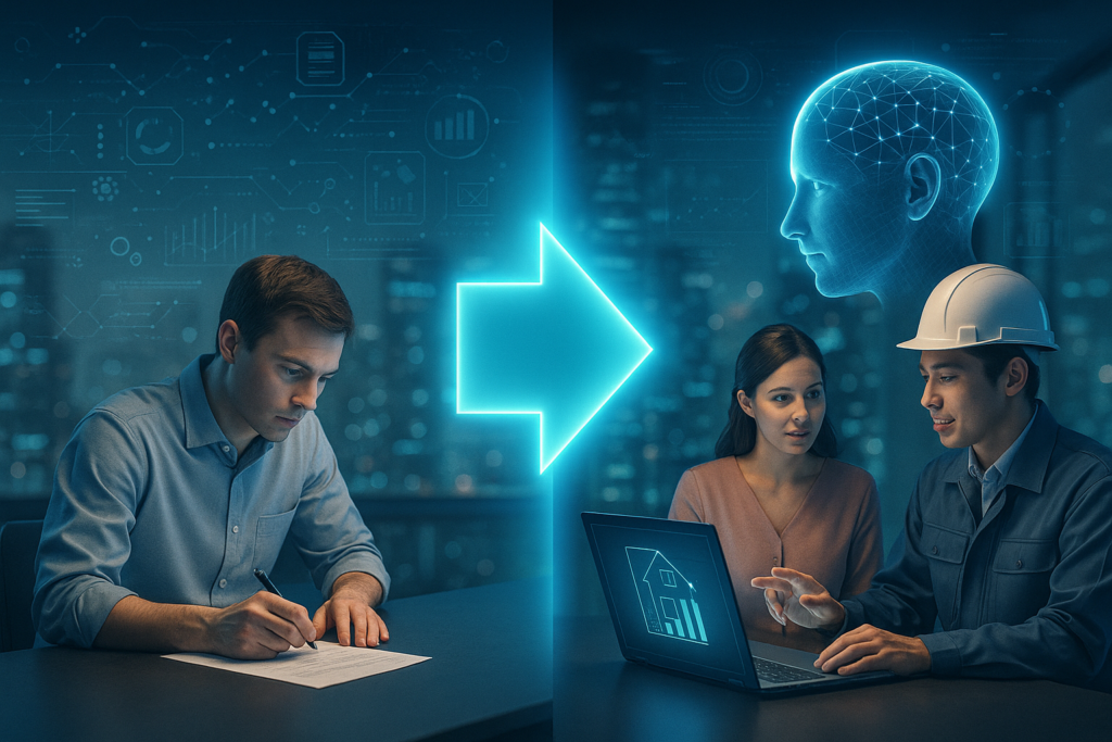 夜景の見えるオフィスで、左側では紙に手書きする男性、右側ではヘルメットをかぶった担当者と女性がノートパソコンの画面を見ながら相談しており、背景に発光する矢印とAIのホログラムが浮かぶ。AIリフォーム提案によって手作業からデジタル提案へ移行している様子を表現した近未来的な写真風イメージ。