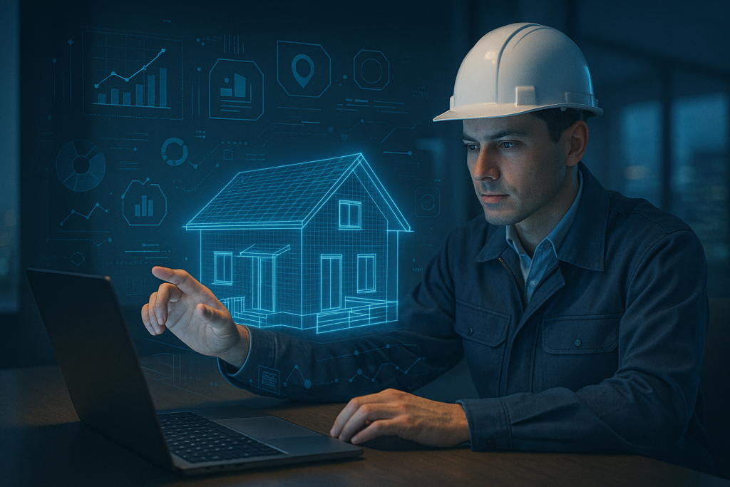 白いヘルメットをかぶった男性がノートパソコンを操作し、その前に青く発光する二階建ての家のホログラムと各種グラフが浮かび上がっている。AIリフォーム提案システムで間取りや工事プランをシミュレーションしている近未来的な写真風シーン。