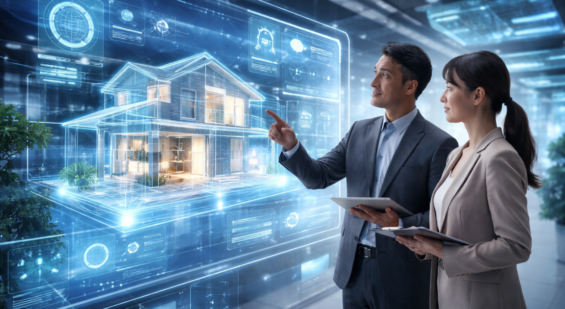 近未来のオフィスで、ホログラムの住宅モデルとAIの分析画面を見ながらリフォーム提案を検討する男女の担当者