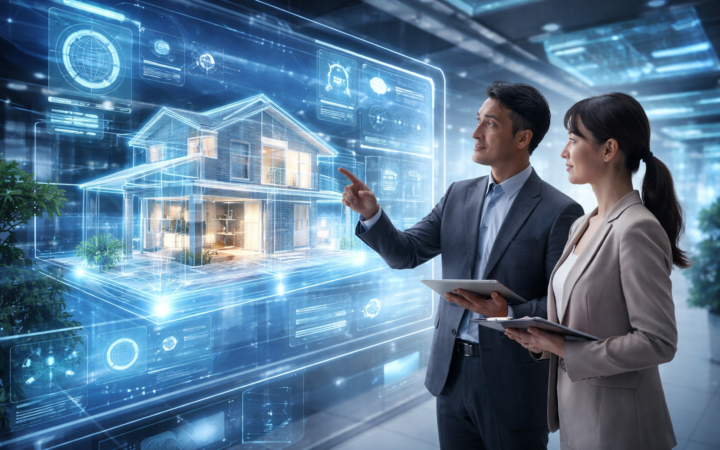 近未来のオフィスで、ホログラムの住宅モデルとAIの分析画面を見ながらリフォーム提案を検討する男女の担当者