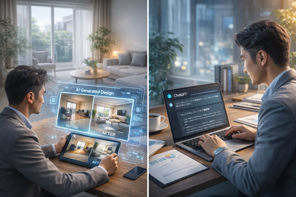 オフィスのデスクで提案担当者がタブレットを操作し、AIリフォーム提案の画面でリビングのBeforeとAfterを並べて完成イメージを確認している