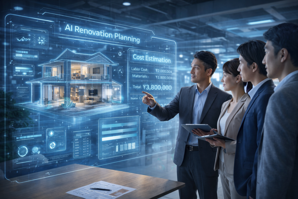 近未来的なオフィスで、複数の担当者がホログラムの住宅3Dモデルと工事費用の内訳画面を見ながらAIリフォーム提案の内容を検討している
