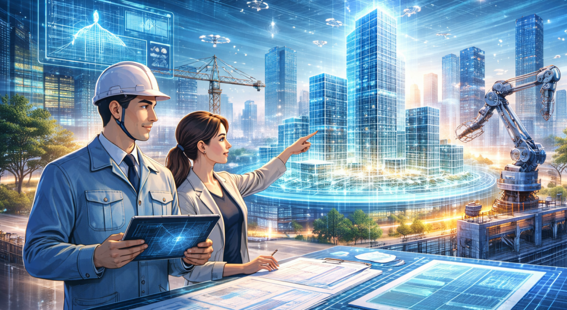 AIが建築設計を支援する様子を描いた未来的なビジュアル。設計者がタブレットと図面を見ながらホログラムの都市モデルを検討し、ロボットアームが建設作業を行っている。