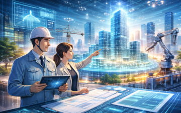 AIが建築設計を支援する様子を描いた未来的なビジュアル。設計者がタブレットと図面を見ながらホログラムの都市モデルを検討し、ロボットアームが建設作業を行っている。
