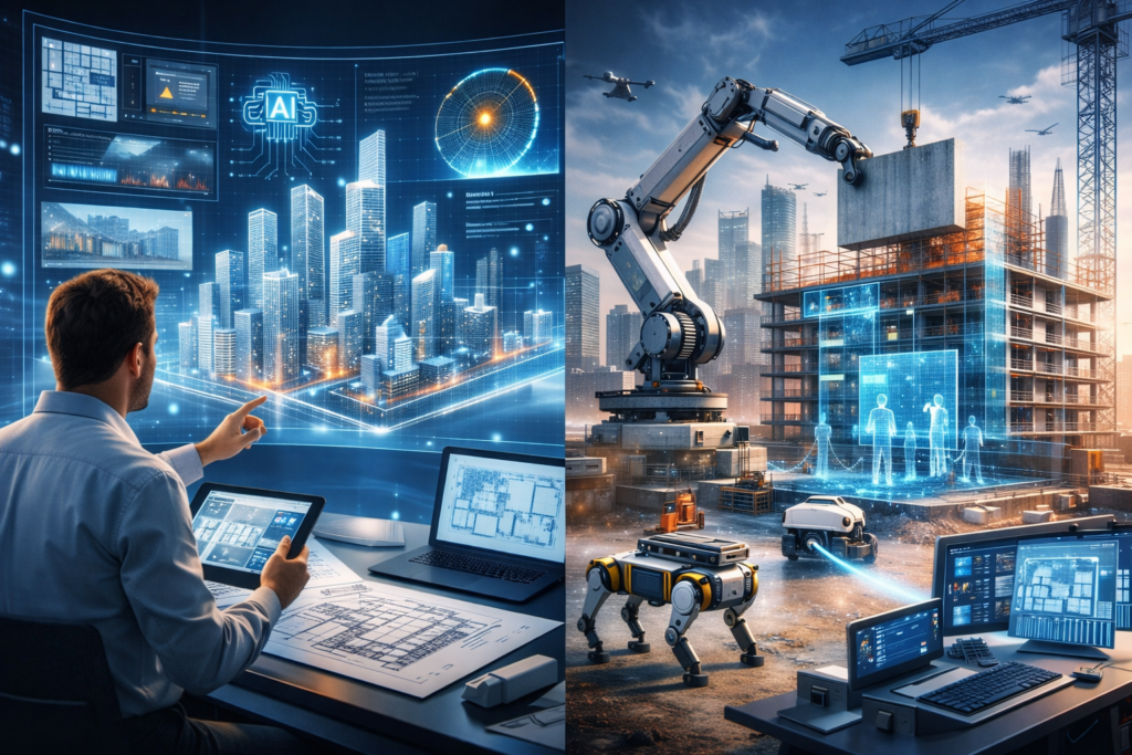 設計者がタブレットと図面を参照しながら、ホログラムの都市モデルと解析データを使って建築計画を検討している近未来的なオフィス風景