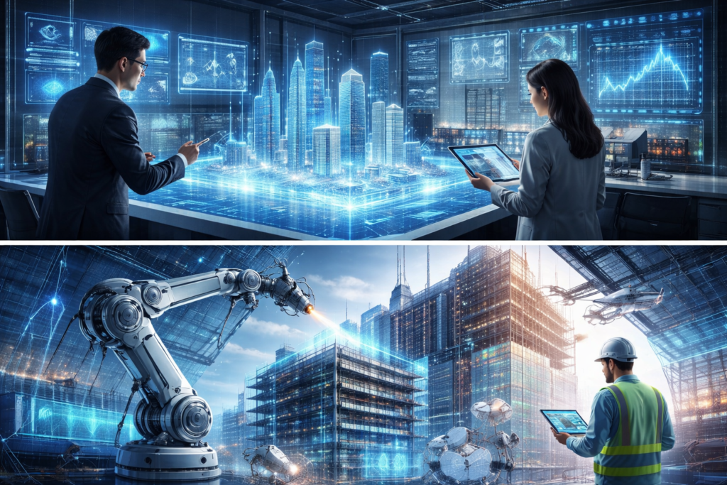 ロボットアームや自律ロボット、ドローンが稼働する建設現場で、ホログラムの建物モデルを参照しながら施工が進む様子を描いた近未来的ビジュアル