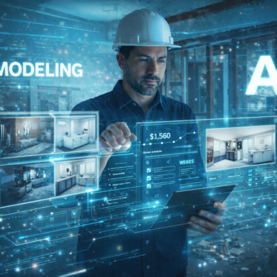 工事中の室内でヘルメット姿の担当者がタブレットを操作し、ホログラム上にビフォーアフター写真や工程・費用の情報を表示してAI活用する近未来的ビジュアル