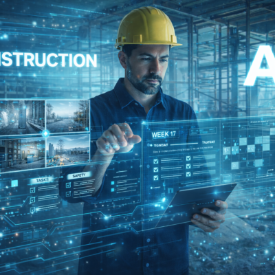 建設現場を背景にヘルメット姿の現場監督がタブレットを操作し、ホログラム上の工程・安全チェック・写真一覧を使ってAIで業務を効率化する近未来的ビジュアル