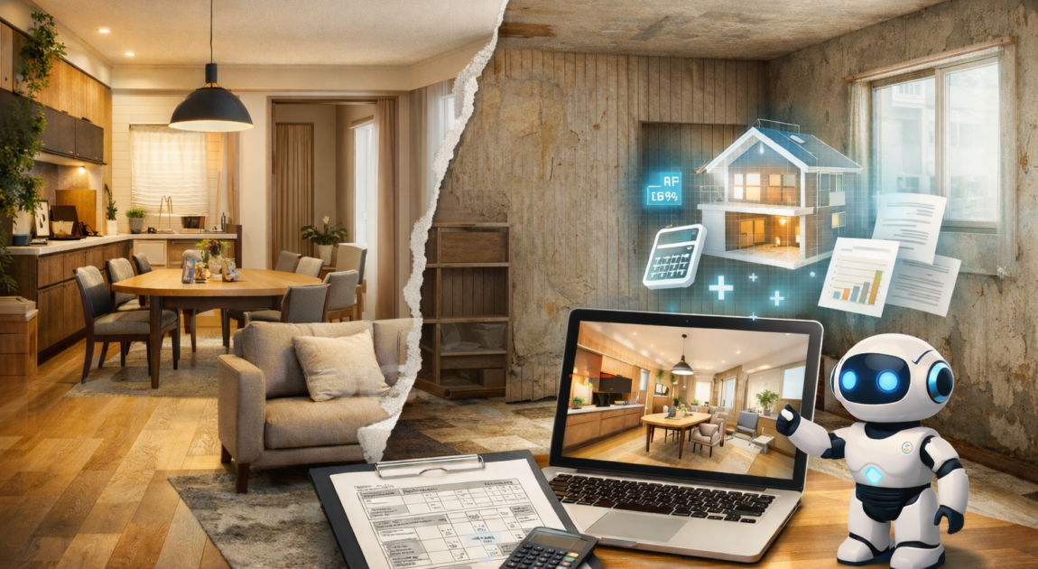 老朽化した部屋と改装後のモダンなLDKを左右に対比し、ノートPCに完成イメージ、見積書類と電卓、3D住宅のホログラムとAIロボットが表示されている