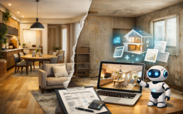 老朽化した部屋と改装後のモダンなLDKを左右に対比し、ノートPCに完成イメージ、見積書類と電卓、3D住宅のホログラムとAIロボットが表示されている