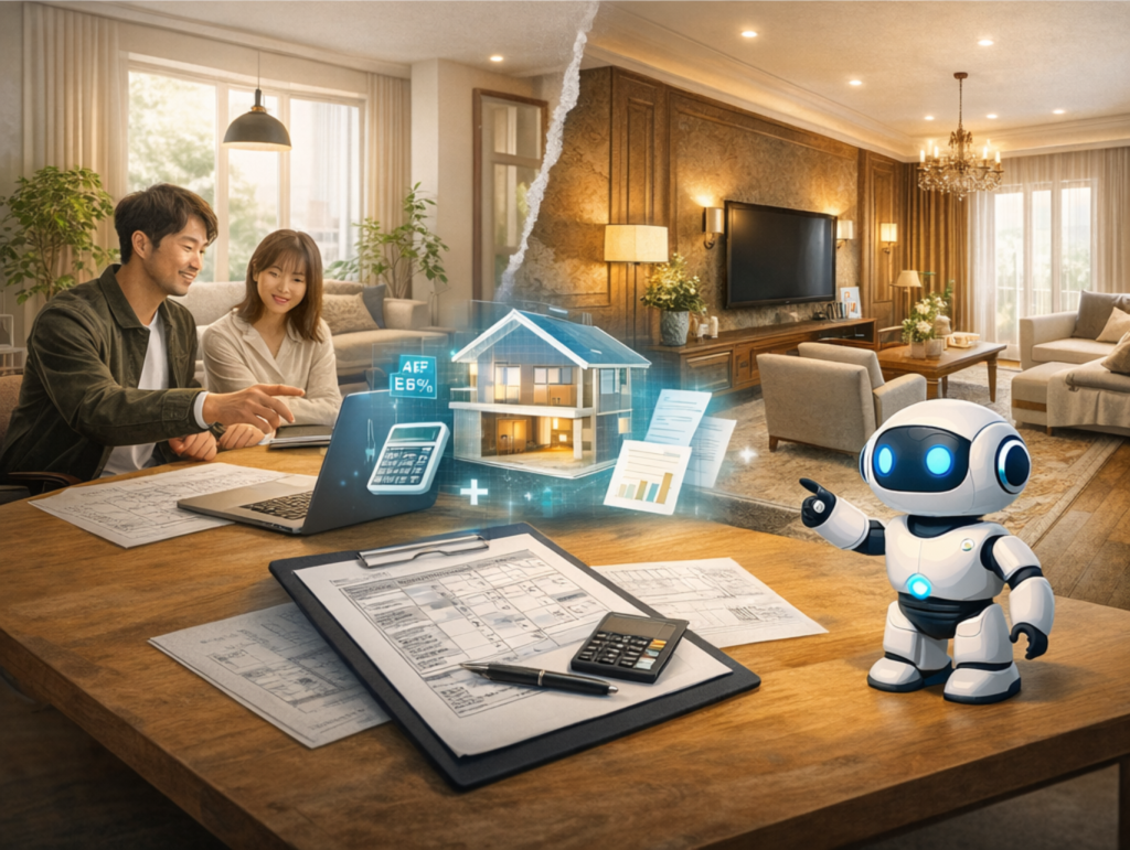 リフォーム後のLDKを背景に、図面と見積書類、電卓、ノートPCを使って提案内容と概算を確認している