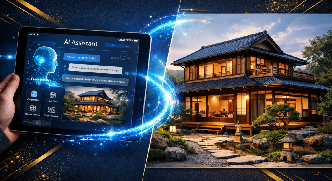 AIインターフェースを表示したタブレットとフォトリアルな日本住宅リノベーション3Dレンダリングが青い光で接続されたイメージ
