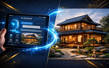 AIインターフェースを表示したタブレットとフォトリアルな日本住宅リノベーション3Dレンダリングが青い光で接続されたイメージ