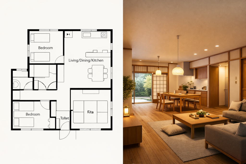 日本住宅の2D間取り図と同じレイアウトを再現したフォトリアル3D内観パースのビフォーアフター比較イメージ