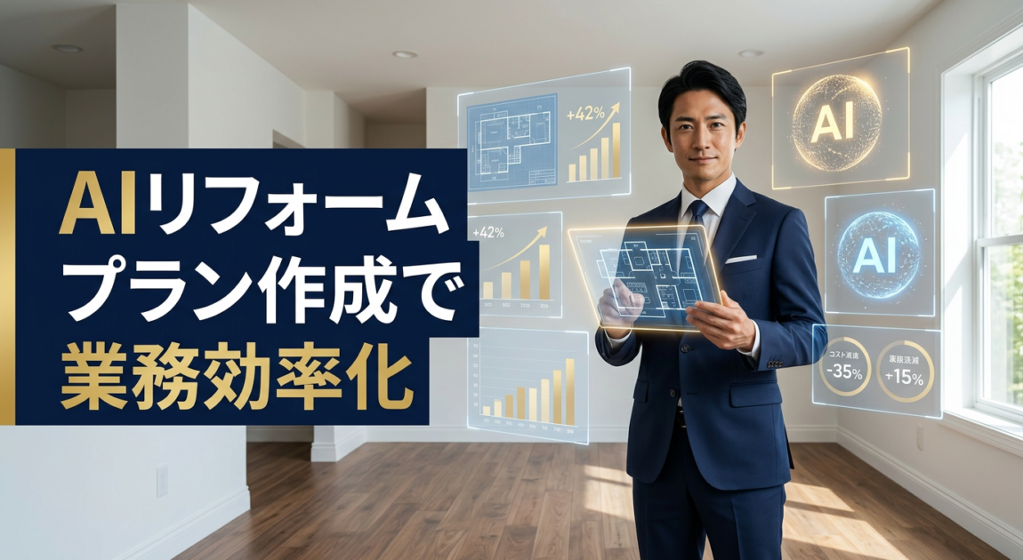 AIリフォームプラン作成で業務効率化を実現したリフォーム会社の経営者が、AI搭載タブレットで自動生成されたプランを確認しているイメージ画像