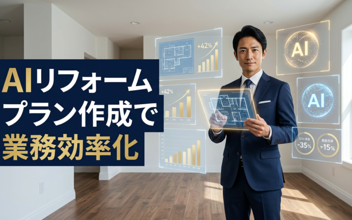 AIリフォームプラン作成で業務効率化を実現したリフォーム会社の経営者が、AI搭載タブレットで自動生成されたプランを確認しているイメージ画像