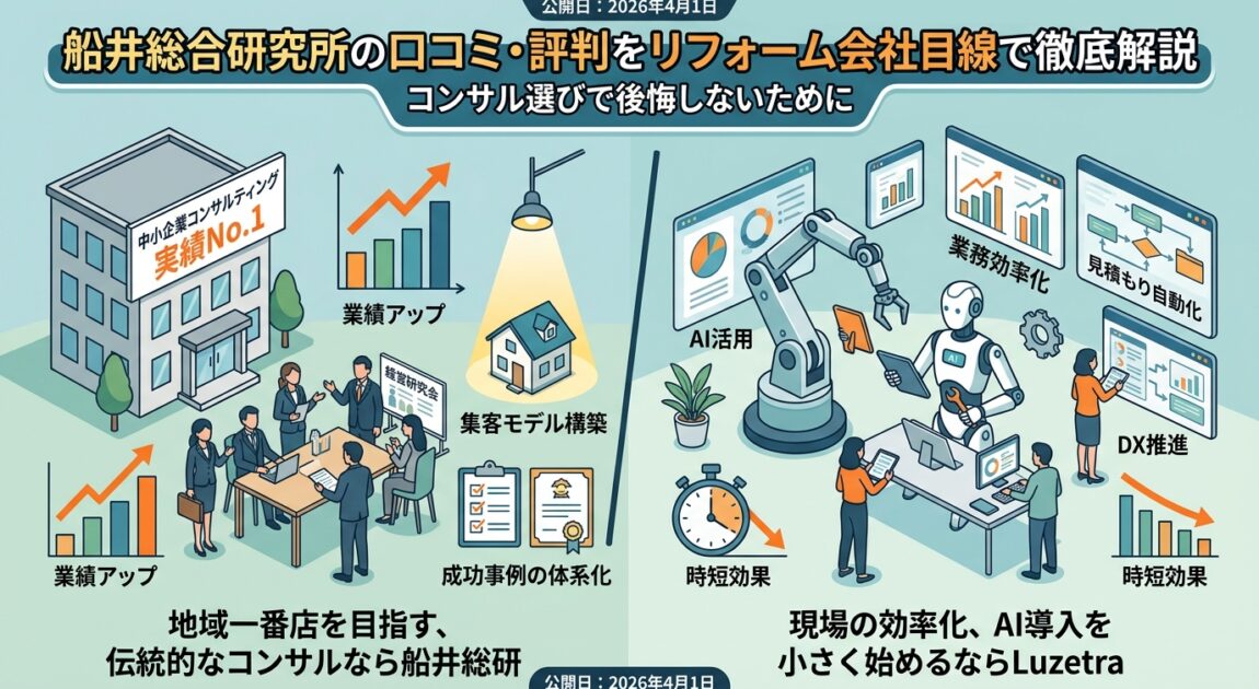 船井総合研究所の口コミ・評判とLuzetraをリフォーム会社目線で比較した図解。左側に集客モデル構築・業績アップ・成功事例の体系化を強みとする船井総研、右側にAI活用・DX推進・見積もり自動化・時短効果を特徴とするLuzetraを図示。