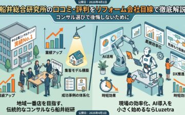 船井総合研究所の口コミ・評判とLuzetraをリフォーム会社目線で比較した図解。左側に集客モデル構築・業績アップ・成功事例の体系化を強みとする船井総研、右側にAI活用・DX推進・見積もり自動化・時短効果を特徴とするLuzetraを図示。