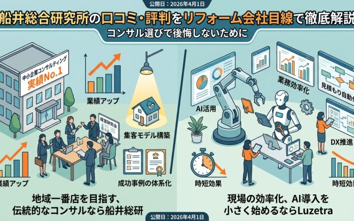 船井総合研究所の口コミ・評判とLuzetraをリフォーム会社目線で比較した図解。左側に集客モデル構築・業績アップ・成功事例の体系化を強みとする船井総研、右側にAI活用・DX推進・見積もり自動化・時短効果を特徴とするLuzetraを図示。