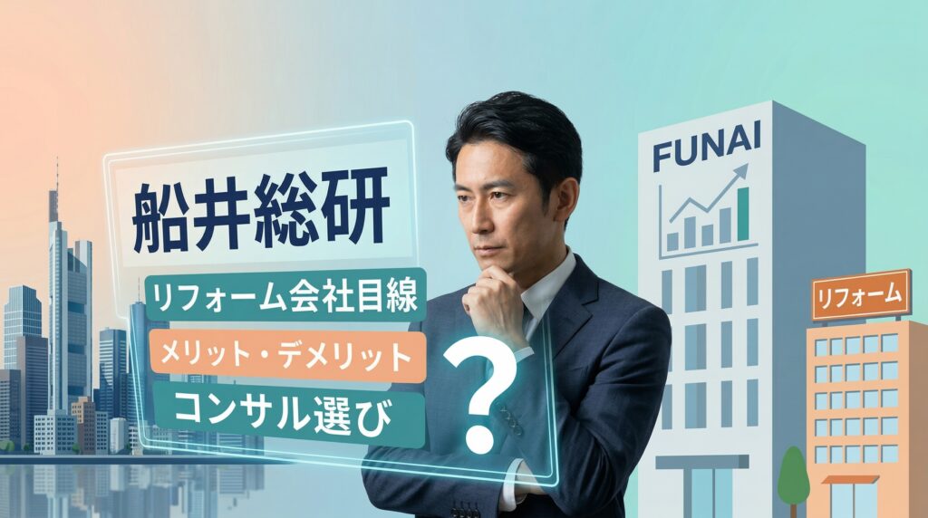 船井総研のビルを背景に、リフォーム会社の経営者がコンサル選びを考えている画像。「船井総研」「リフォーム会社目線」「メリット・デメリット」「コンサル選び」のキーワードが図示されている。