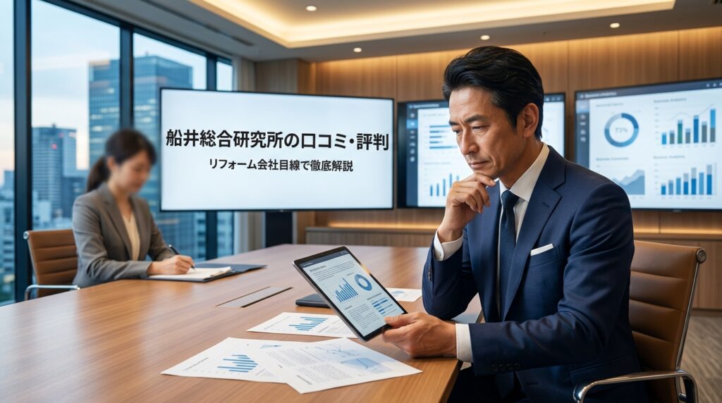 リフォーム会社の経営者がタブレットと資料を手に会議室でコンサル情報を検討している場面。背後のスクリーンには「船井総合研究所の口コミ・評判　リフォーム会社目線で徹底解説」のテキストと業績グラフが表示されている。