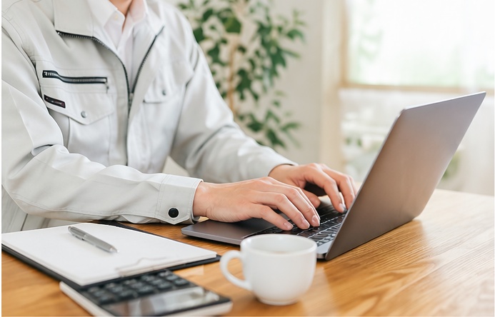 パソコンで集客施策を検討しながらAI活用を進めるリフォーム会社の担当者