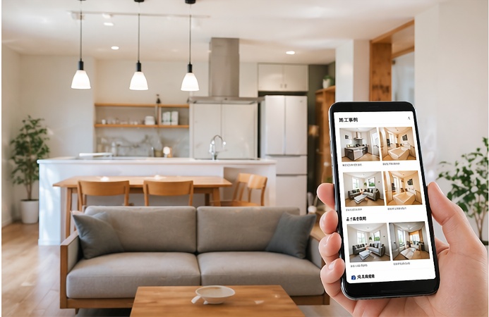 スマートフォンでリフォームの施工事例を確認している様子と明るい室内空間