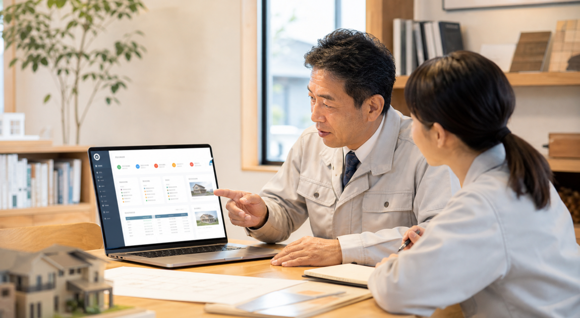 AI顧客管理ダッシュボードを確認するリフォーム会社の経営者とスタッフ
