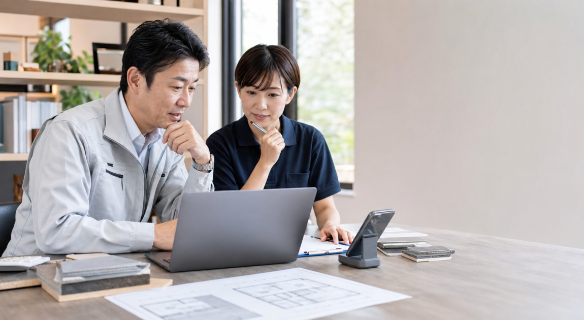 リフォーム会社 顧客対応 AIを使って問い合わせ状況を確認する経営者とスタッフ