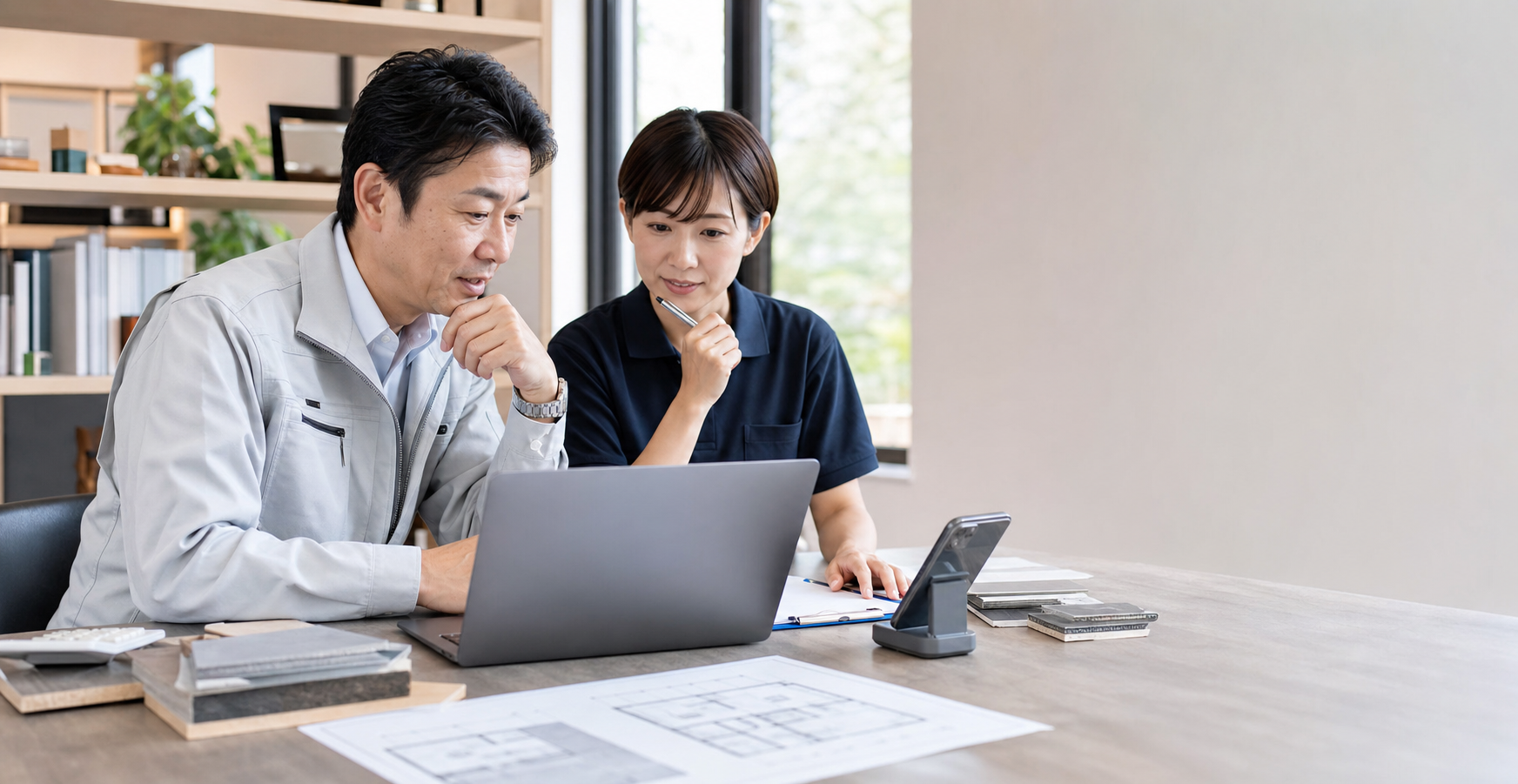 リフォーム会社 顧客対応 AIを使って問い合わせ状況を確認する経営者とスタッフ