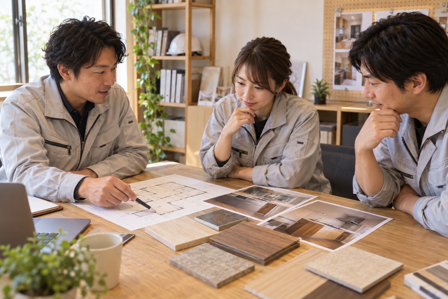 担当者が図面と材料を見ながら施工方法を検討するイメージ
