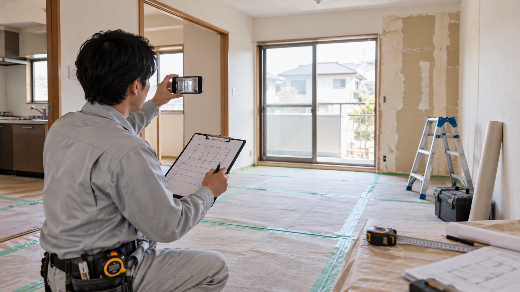 改修中の室内で担当者が写真と確認事項を記録するイメージ